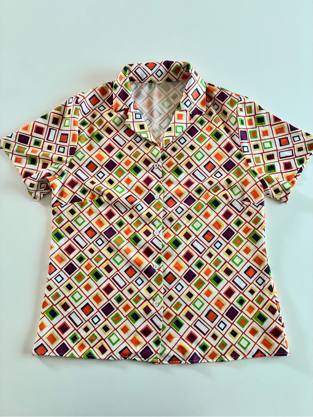 SHEIN L 💯 Polyester Multicolor Geometric Short-Sleeve Button-Down Indie Shirt